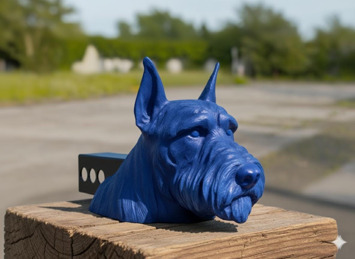 A blue ceramic dog head sculpture is displayed on a wooden post, with a blurred background of trees and a road.