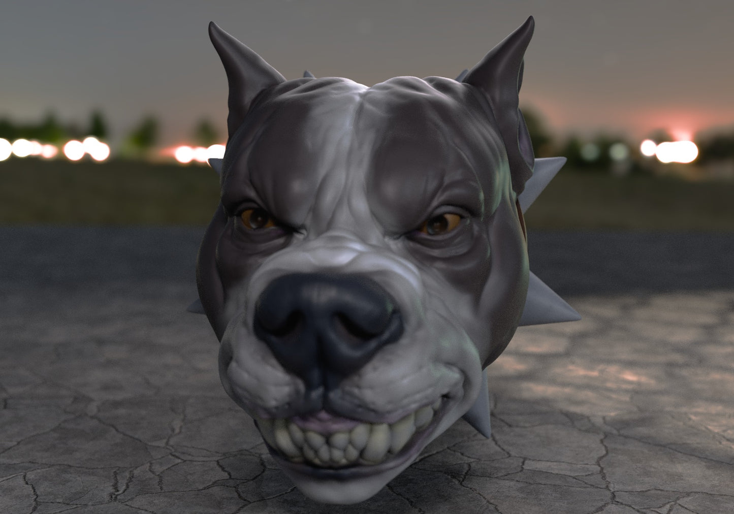 a dog's head is shown with a creepy look on its face