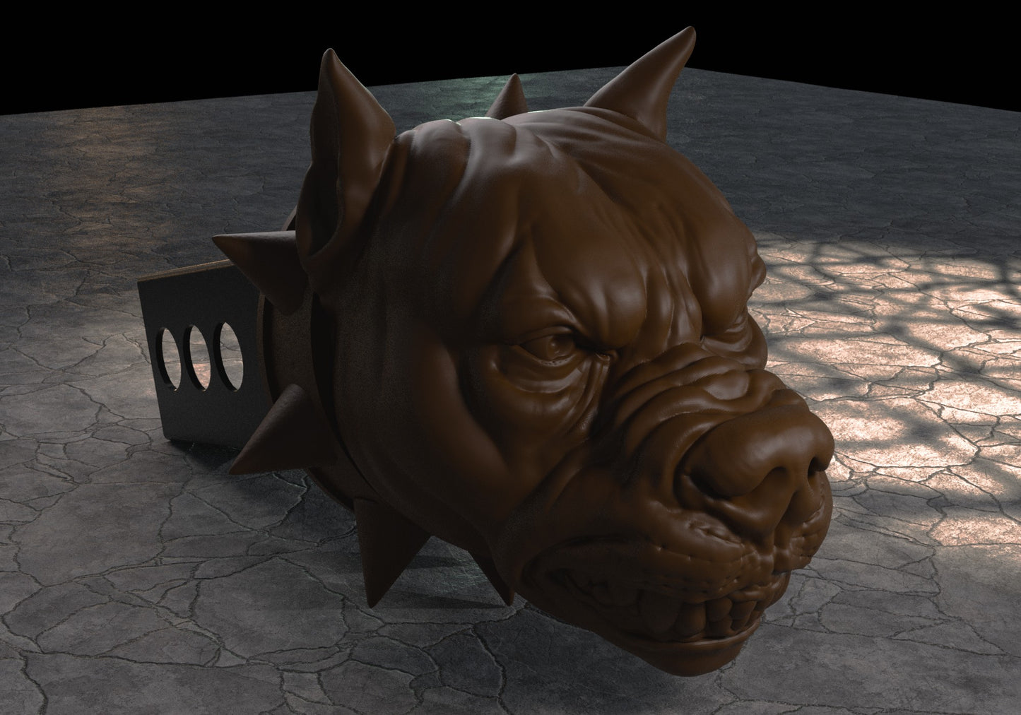 a sculpture of a dog's head on a table
