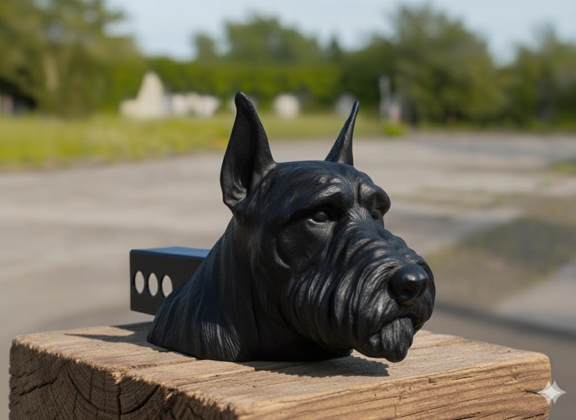 A black dog head sculpture is displayed on a wooden post, with a blurred background of trees and greenery.