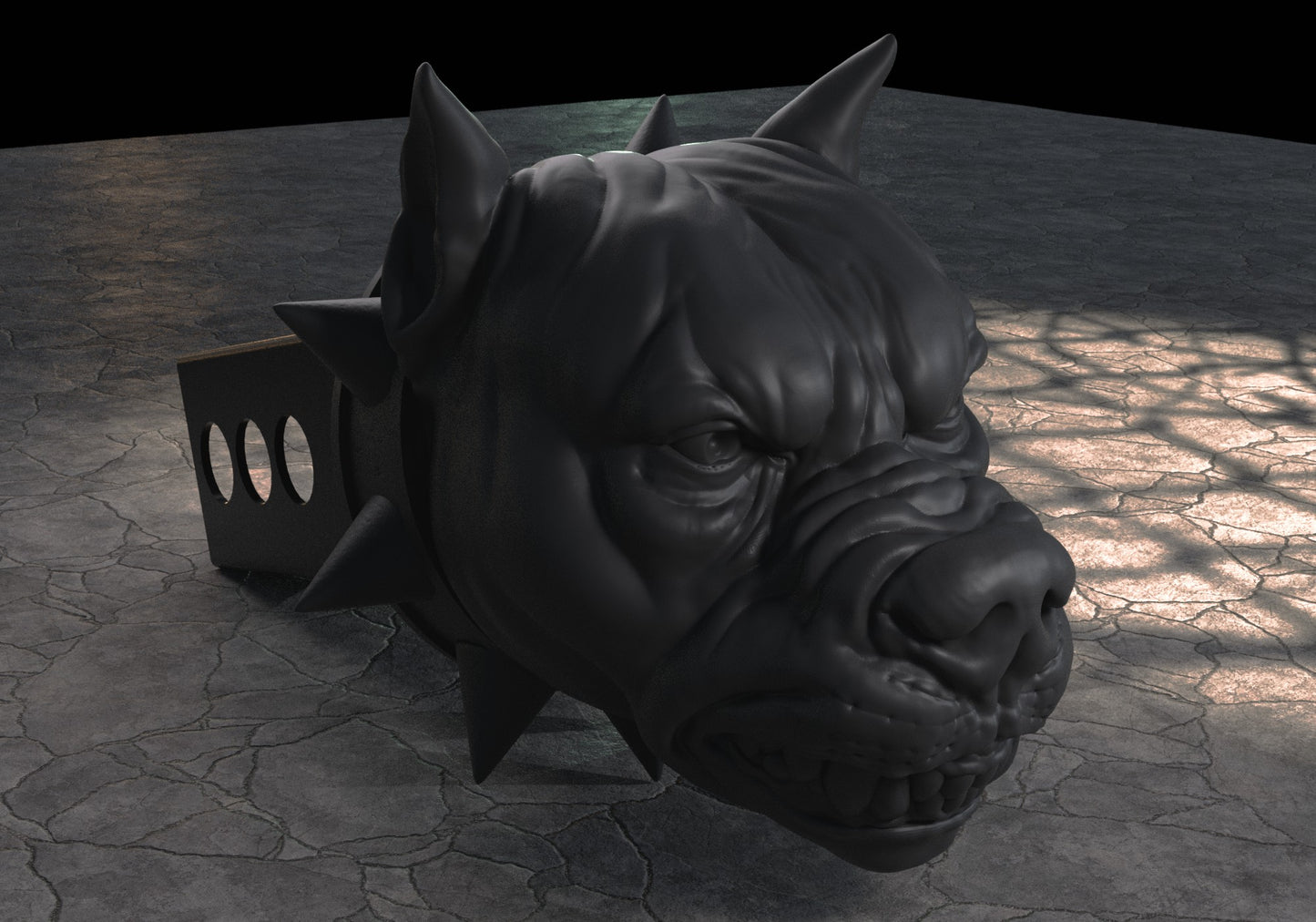 a 3d rendering of a rhino's head on a concrete floor