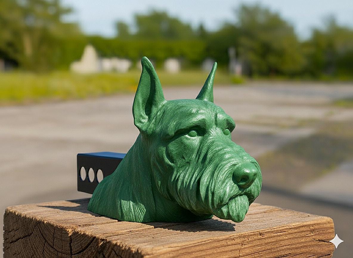 A green ceramic dog head sculpture is displayed on a wooden post, with a blurred background of trees and a road.