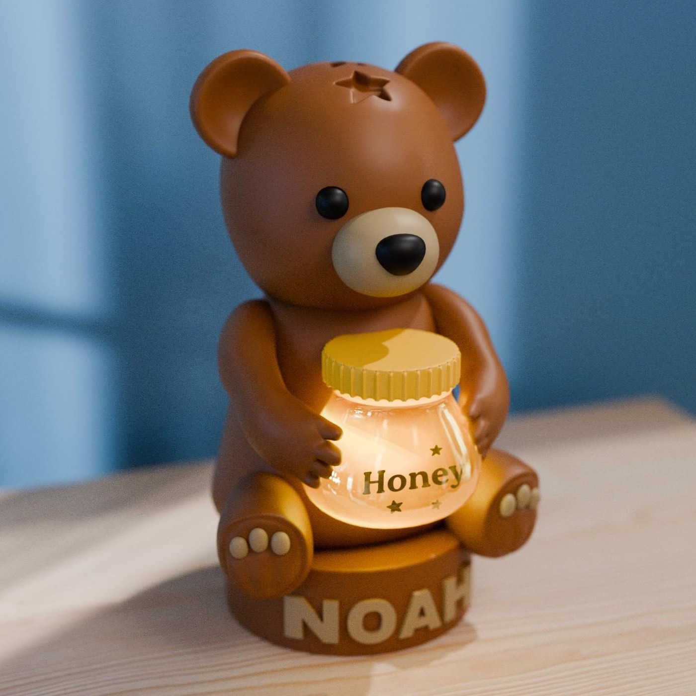 a brown bear sitting on top of a wooden table