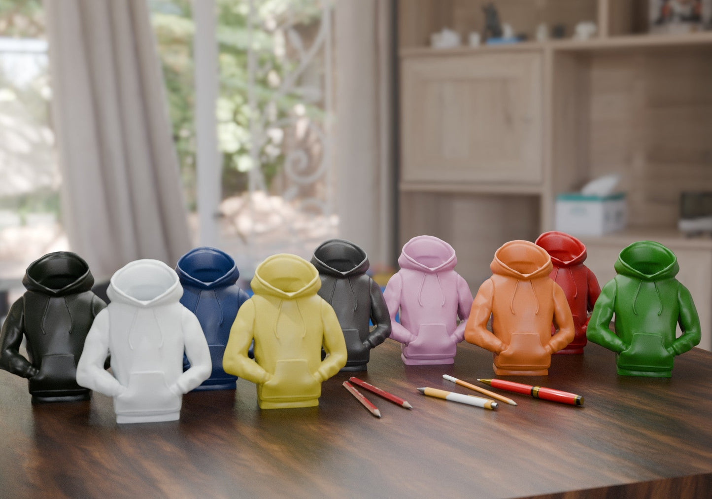 a group of toy figures sitting on top of a wooden table