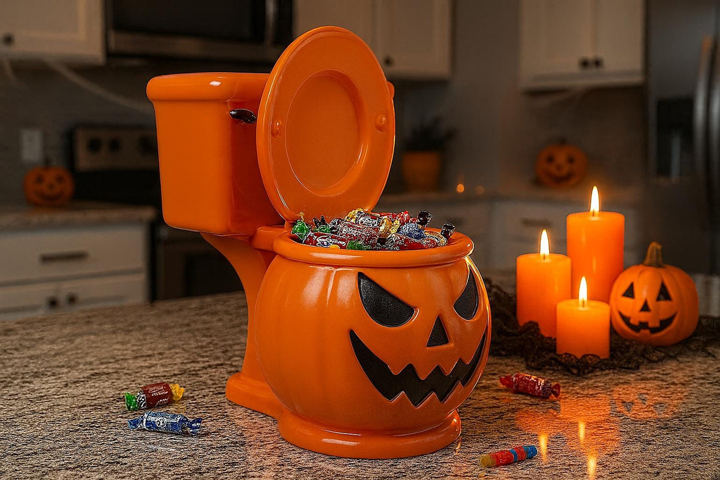An orange Halloween-themed candy dispenser shaped like a toilet sits on a kitchen counter, with a bowl filled with candy and a lit candle nearby.