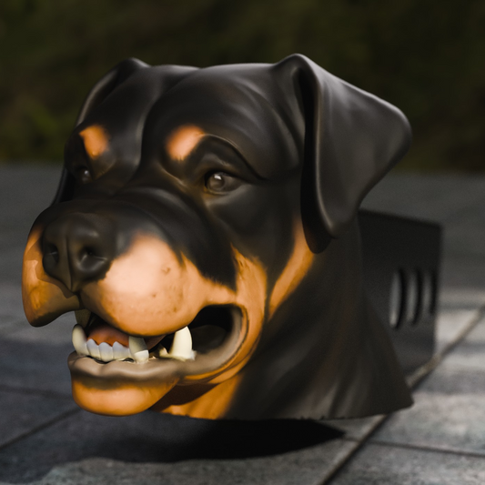 a close up of a dog's head on a tiled floor