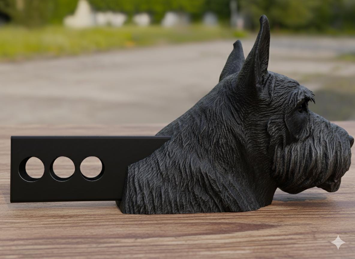 A black dog statue is sitting on a wooden surface, with a black rectangular object featuring three holes in the middle of it.