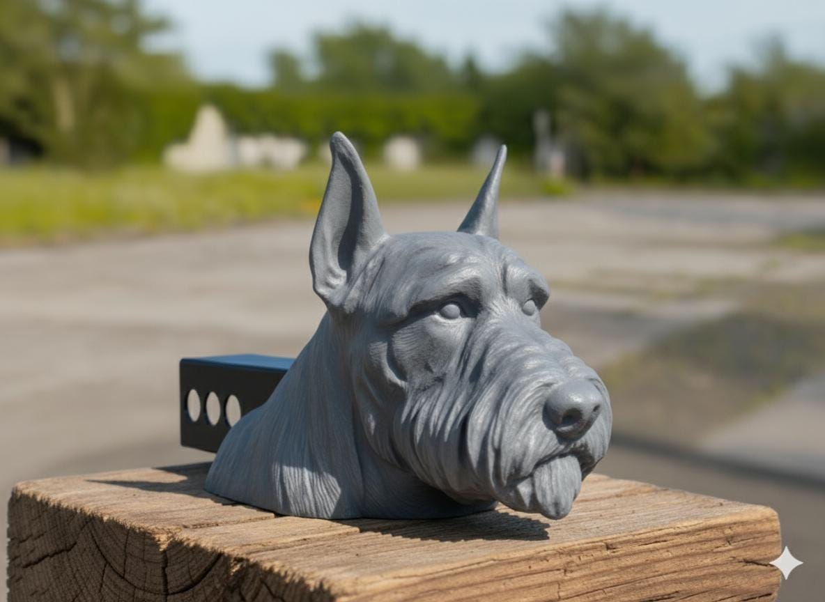 A gray ceramic dog head sculpture is displayed on a wooden post, with a blurred background of trees and a road.