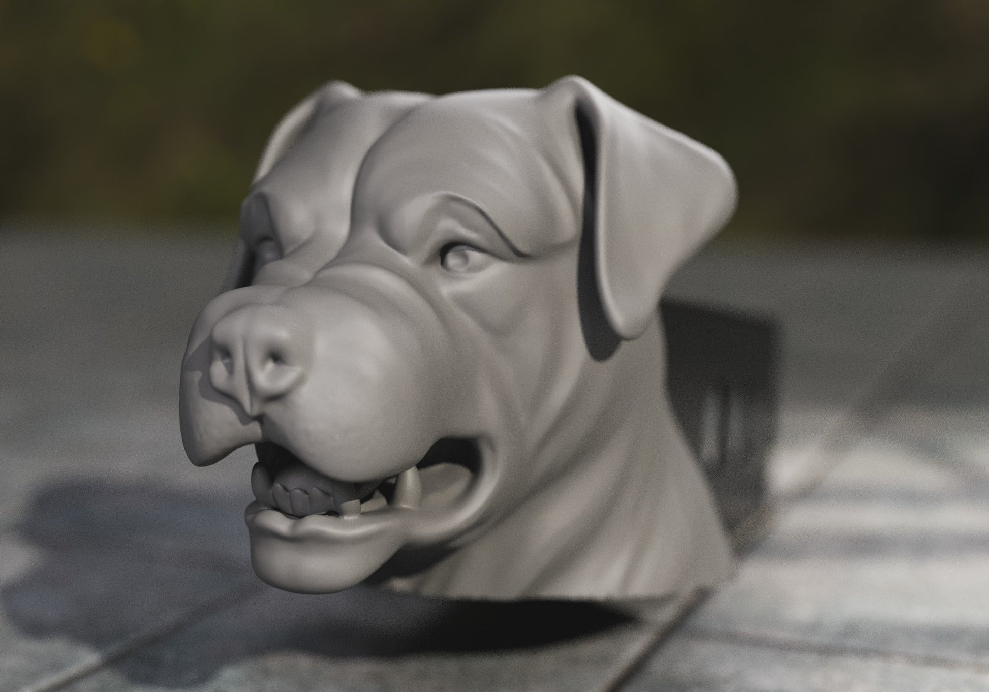 a close up of a dog head on a table
