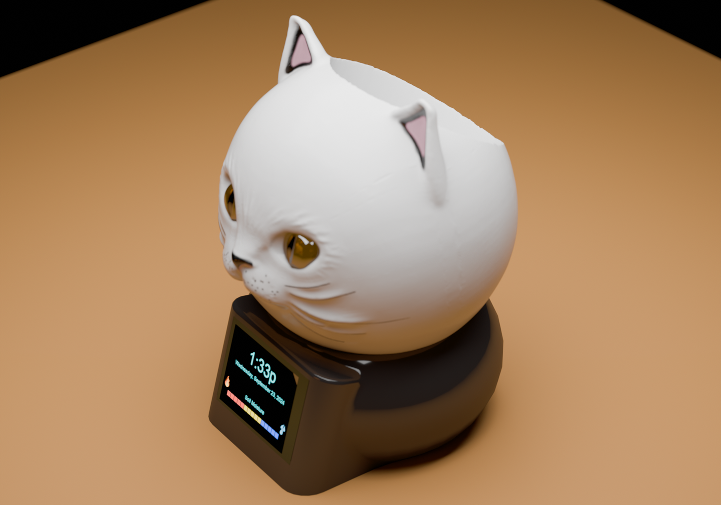 a white cat sitting on top of a clock
