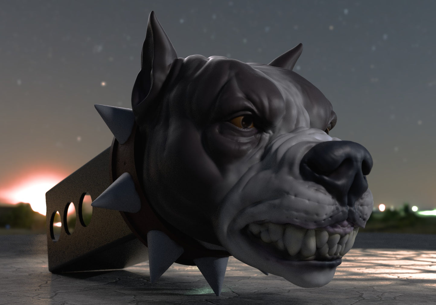 a dog with a muzzle and spikes on it's head