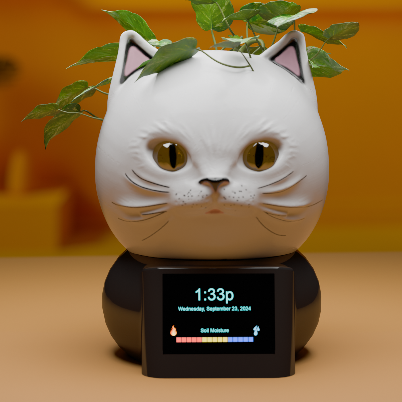 a white cat with a plant on top of it