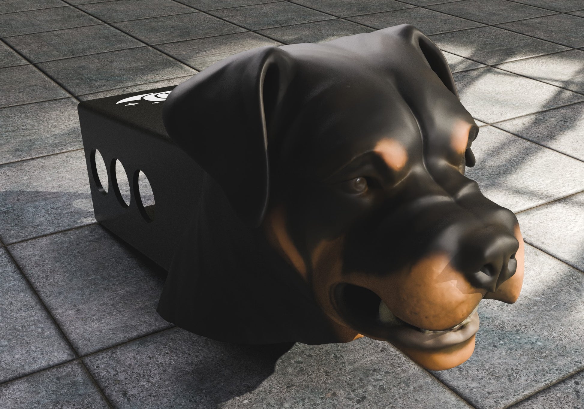 a black and brown dog statue on a tiled floor