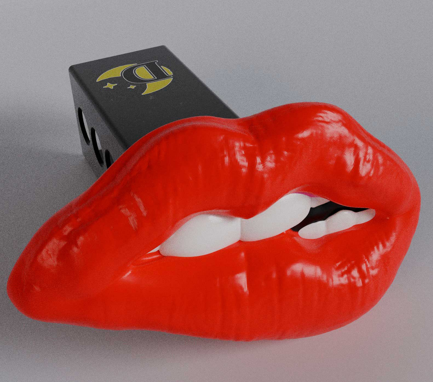 a close up of a red lip with a black box in the background