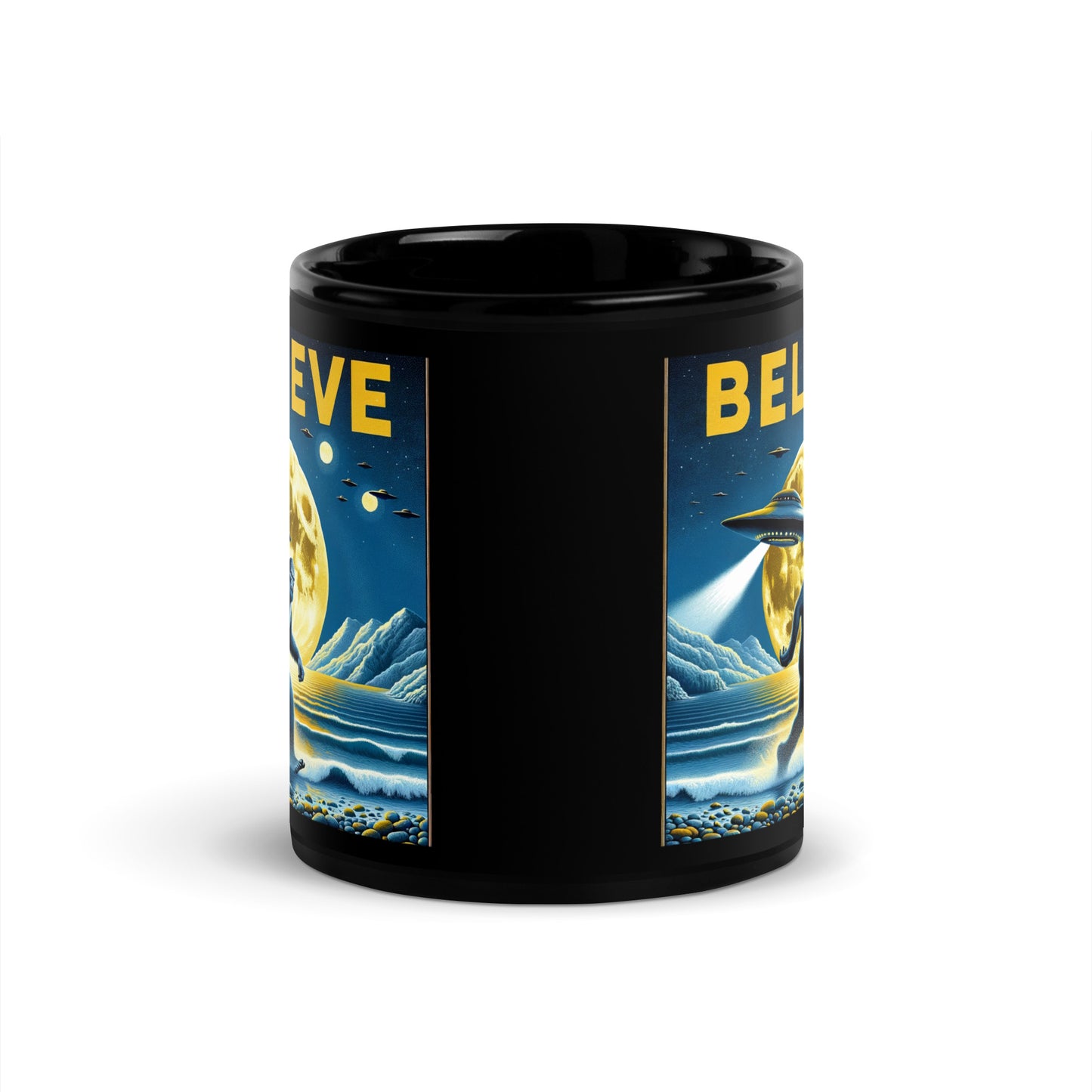 Moonlit Mystery: Wildman & UFO Believer's Black Mug