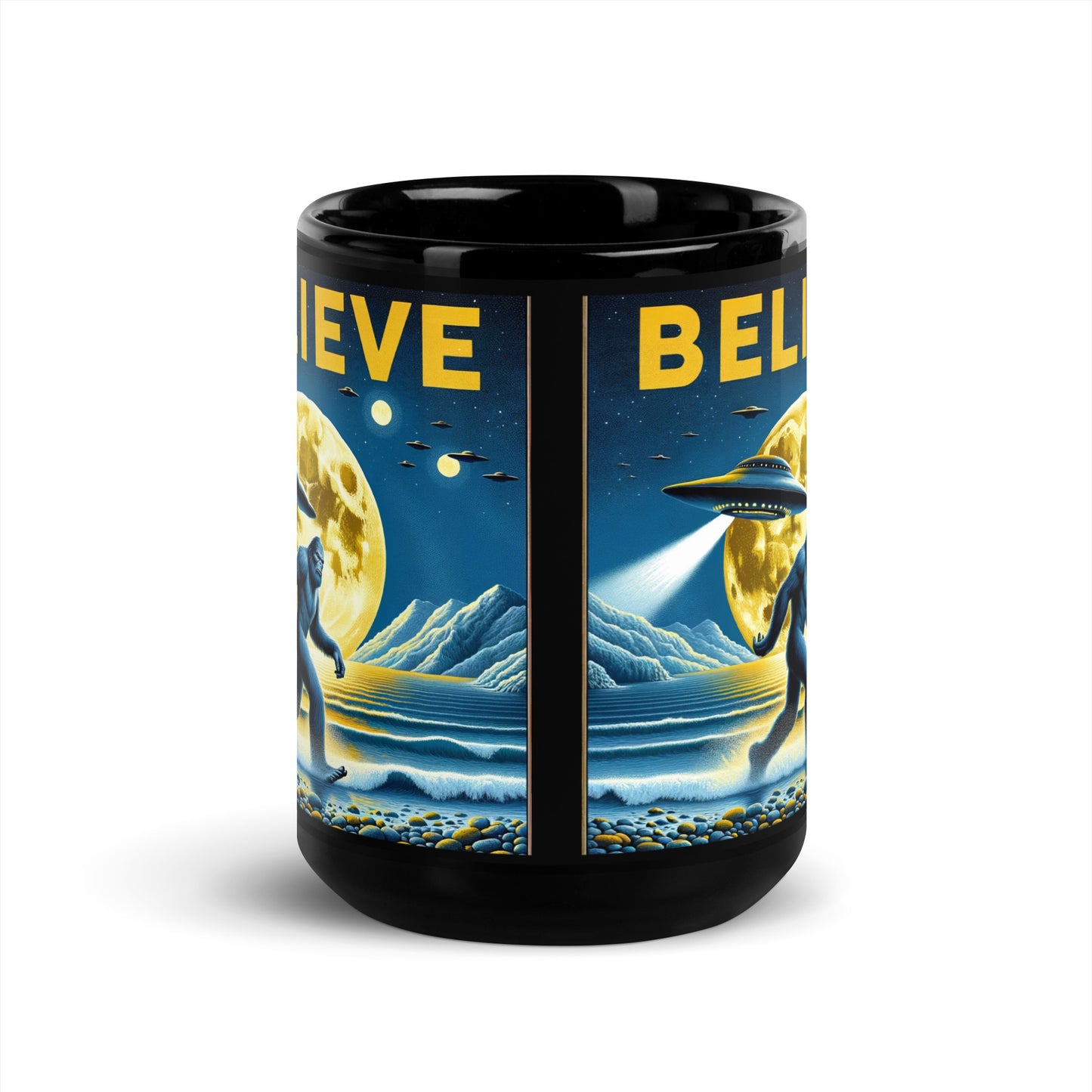 Moonlit Mystery: Bigfoot & UFO Believer's Black Mug