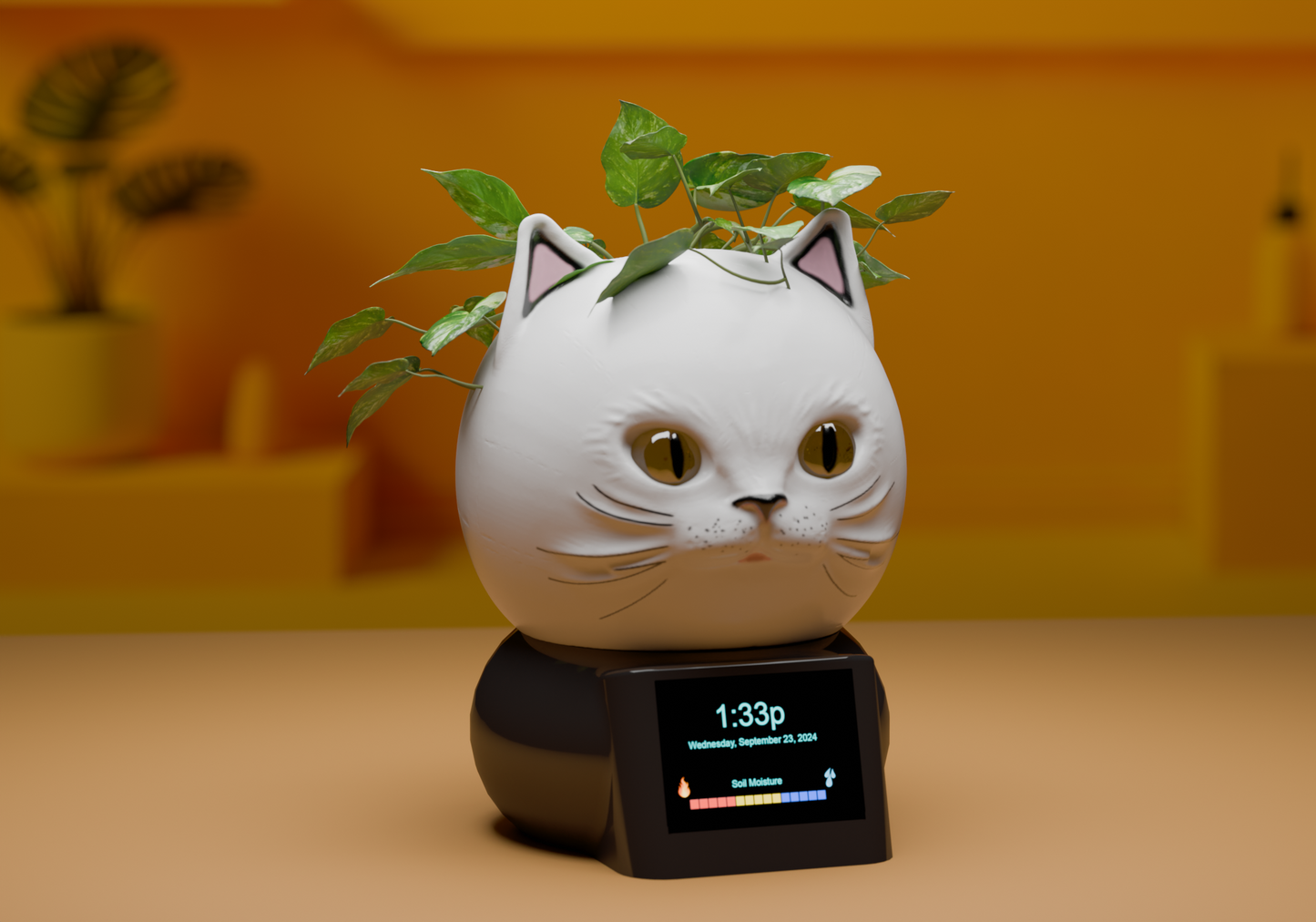 a white cat with a plant on top of it's head