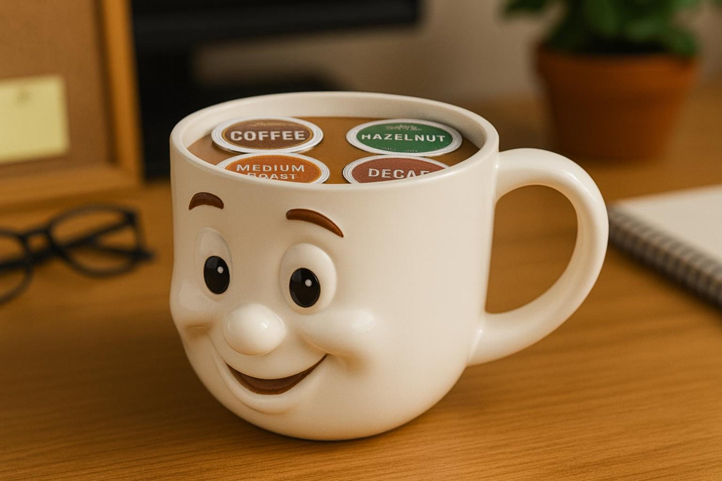A white coffee mug with a smiling face design sits on a wooden surface, surrounded by coffee pods labeled with different types of coffee.