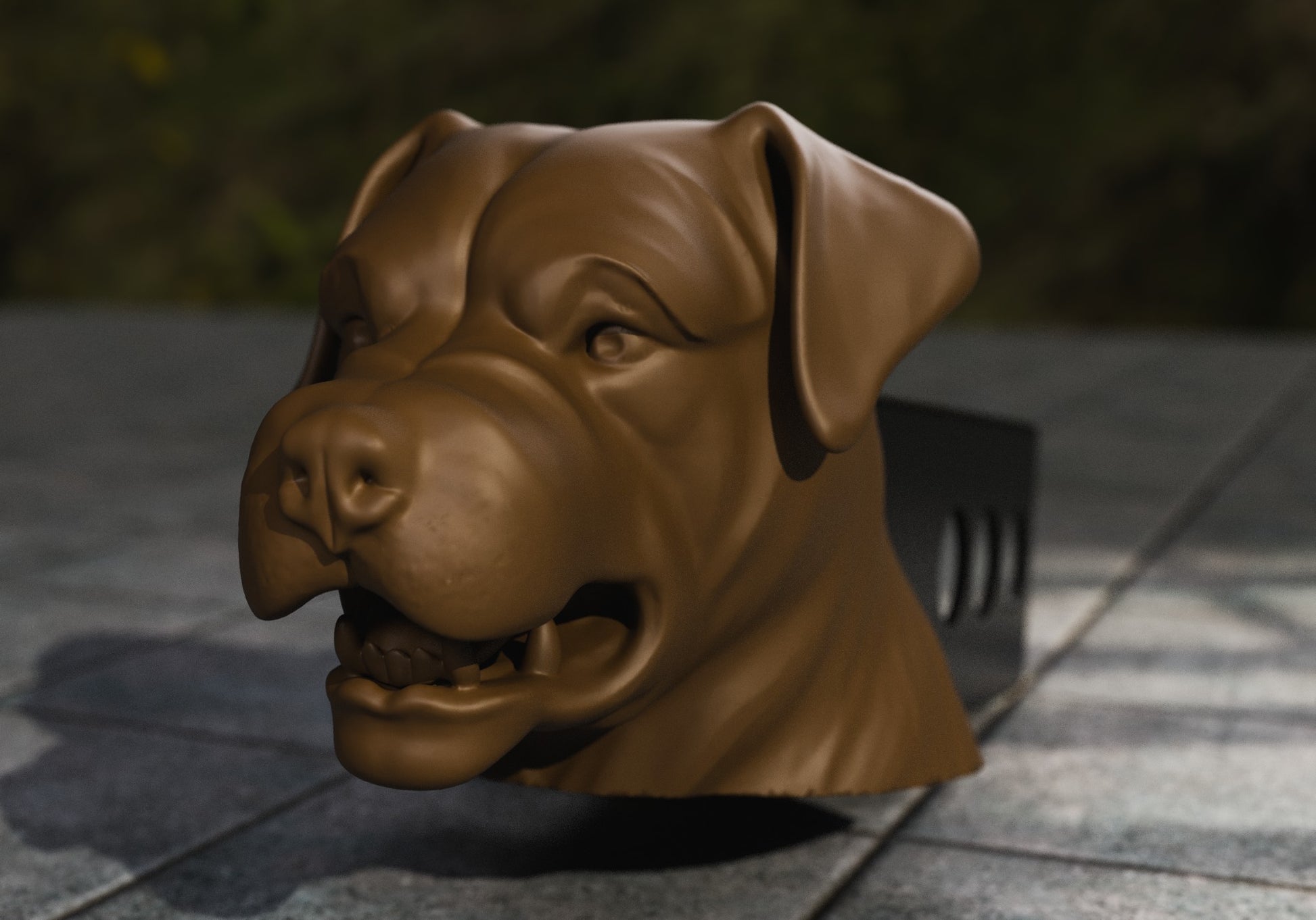 a brown dog's head is shown on a tile floor