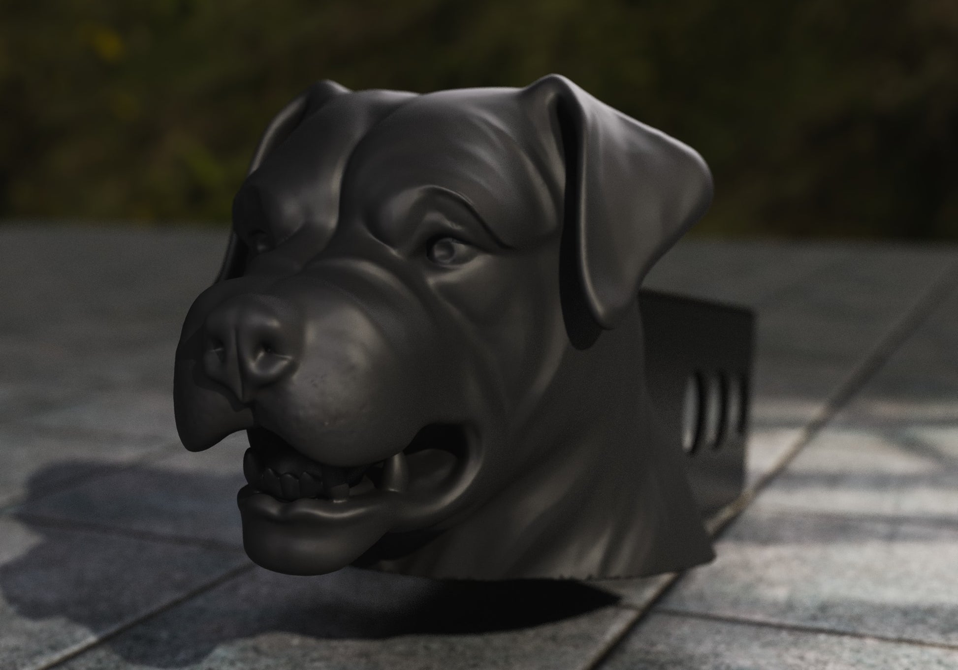 a black dog head on a tiled floor