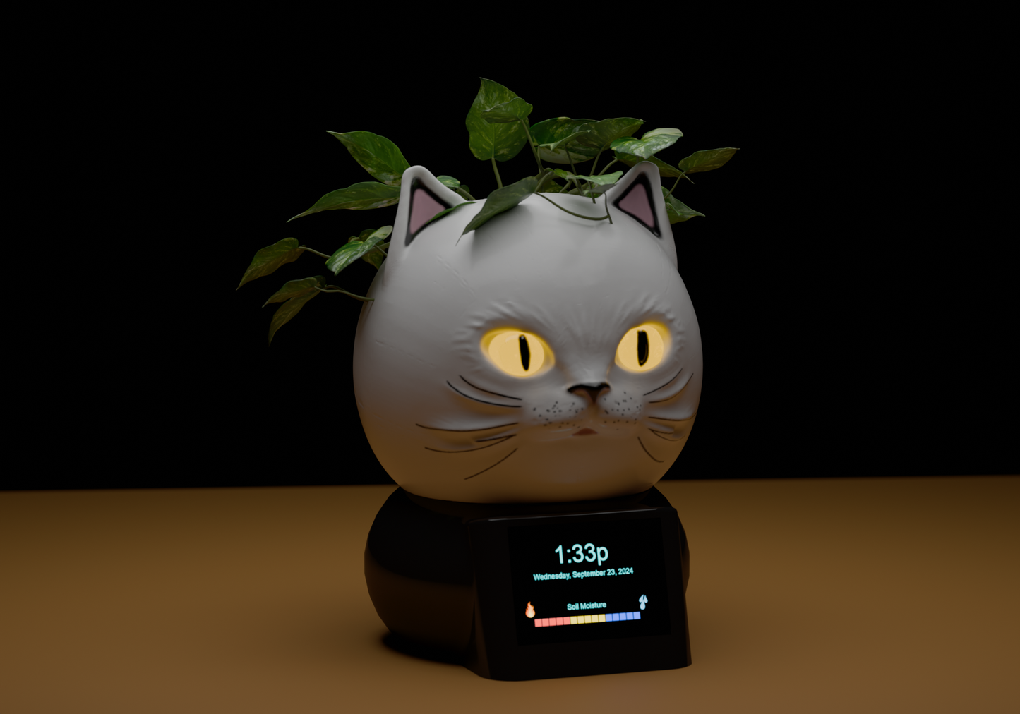a white cat with a plant on top of it