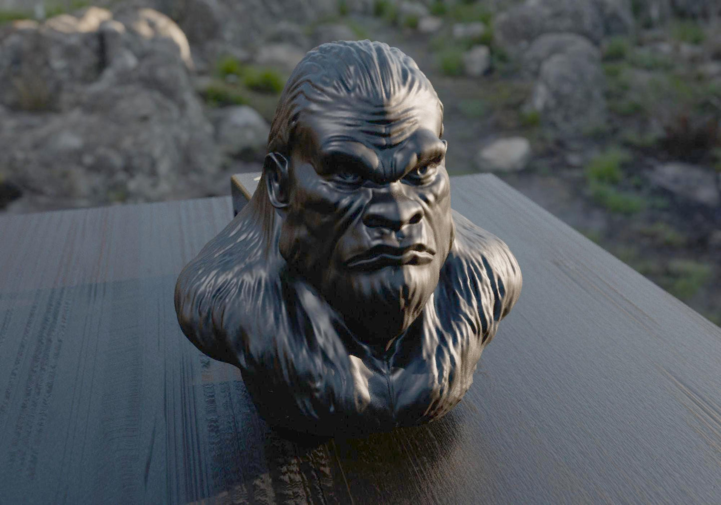 a statue of a gorilla sitting on top of a wooden table