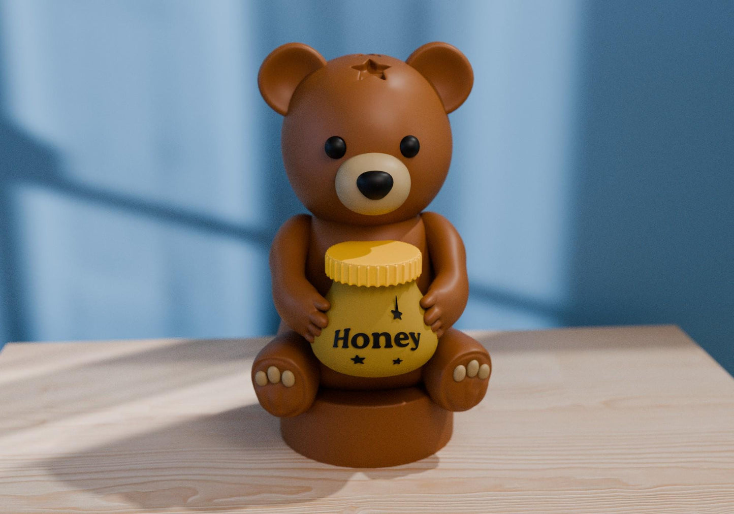 a brown teddy bear holding a honey jar