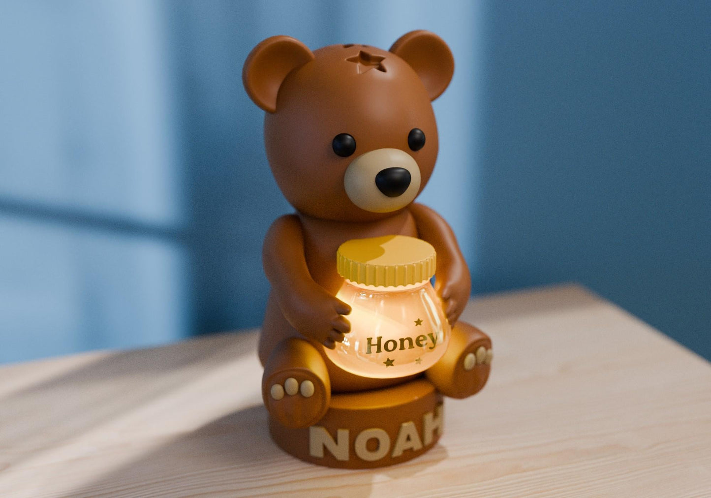 a brown bear sitting on top of a wooden table