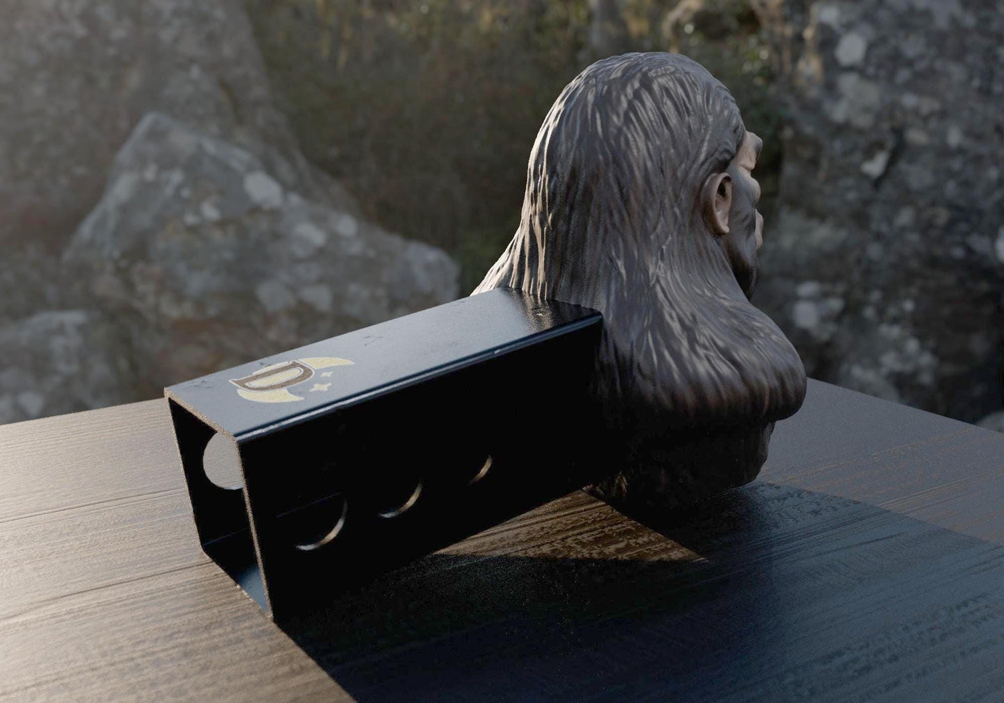 a statue of a man with a box on a table