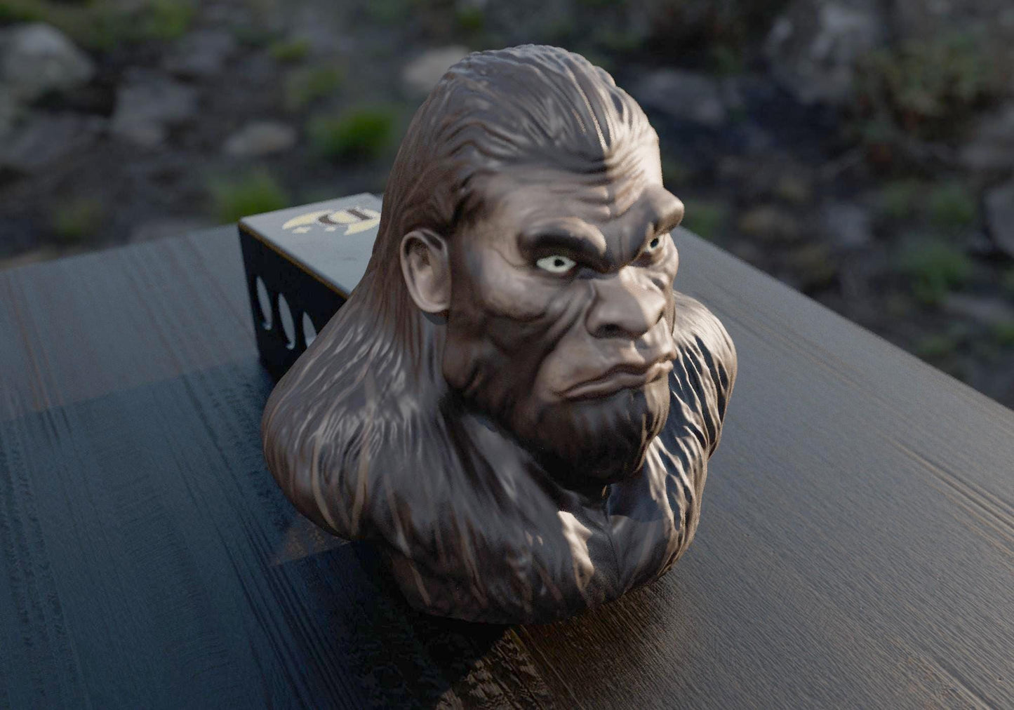 a close up of a monkey head on a table
