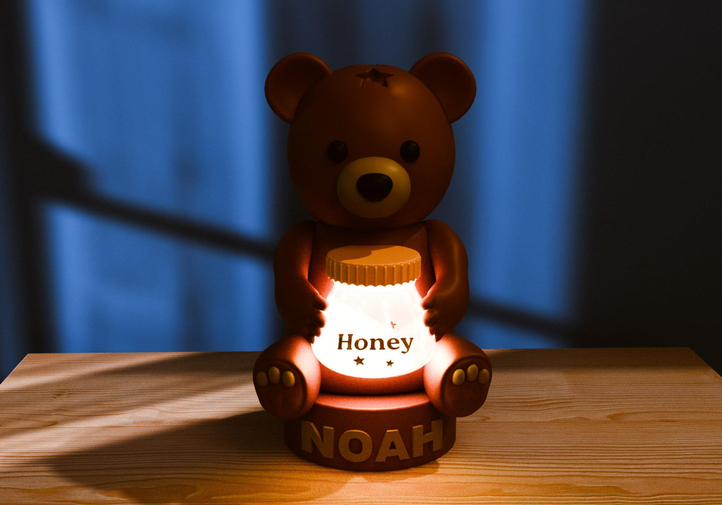 a brown teddy bear sitting on top of a wooden table