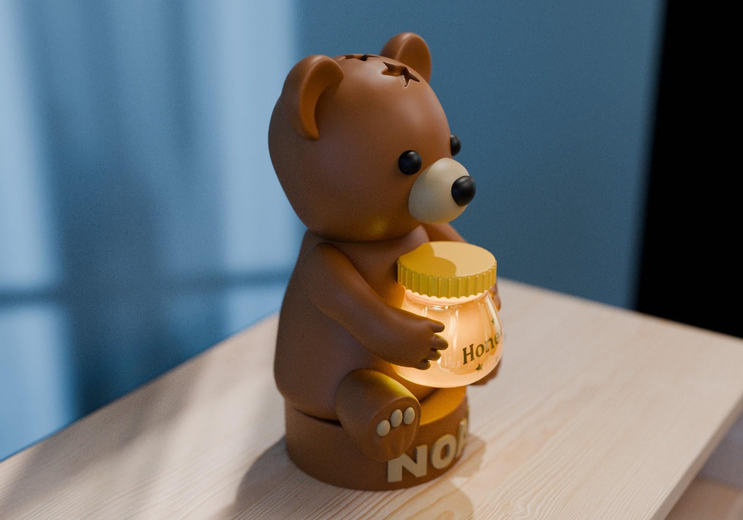 a brown bear sitting on top of a wooden table