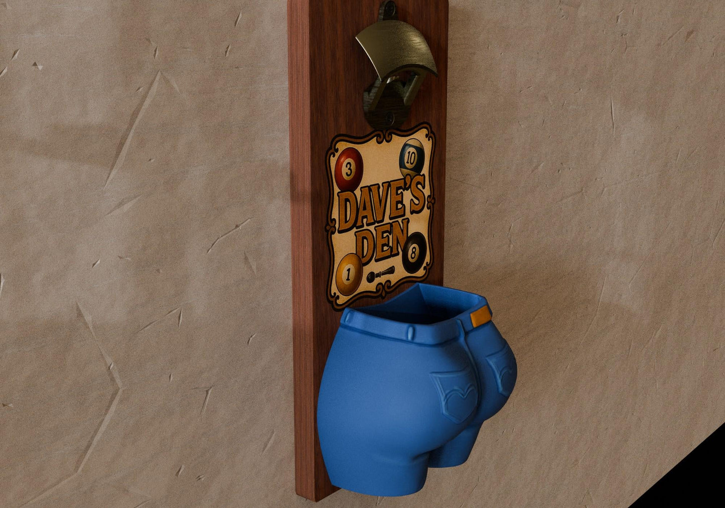a blue pot hanging on a wall next to a sign
