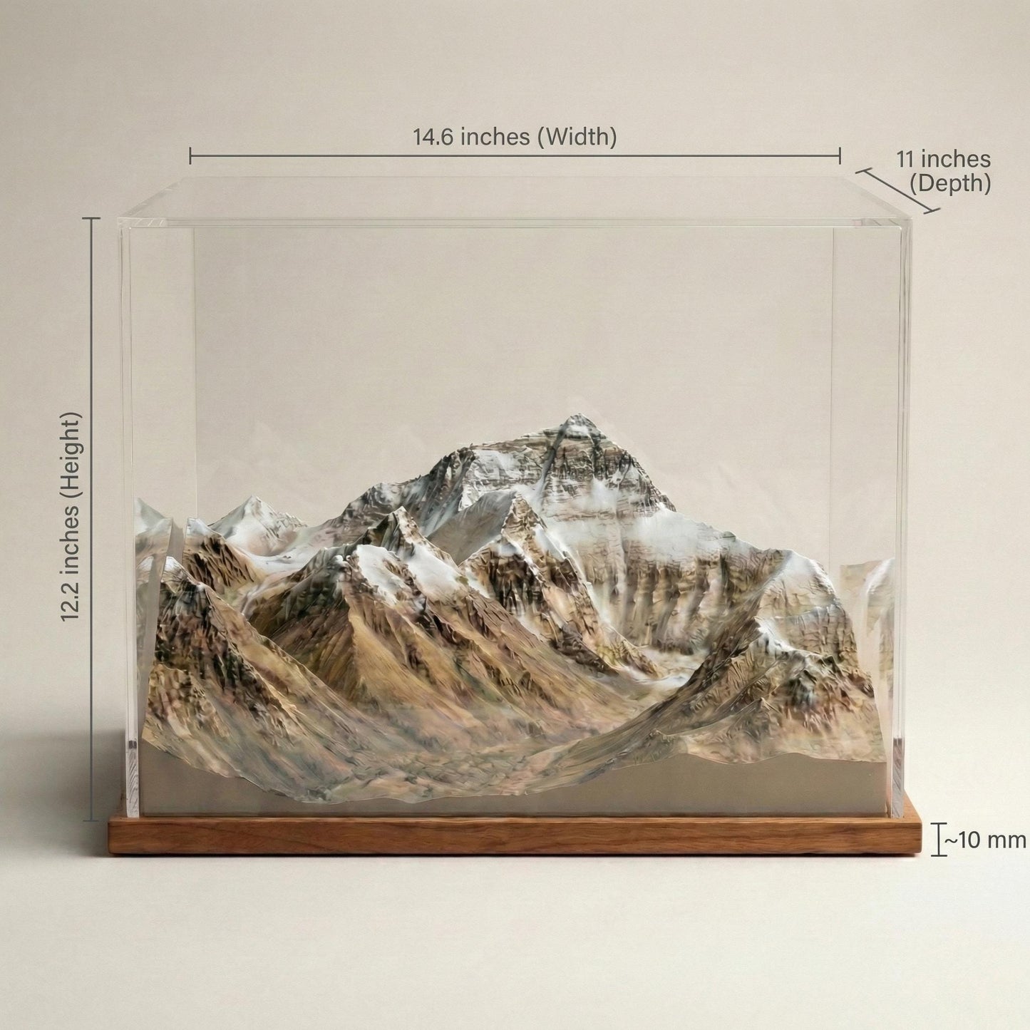 a detailed model or scale model of a mountain range, displayed in a clear glass case. The model is approximately 14.6 inches ( Width ) tall and 11 inches ( Depth ) wide.
