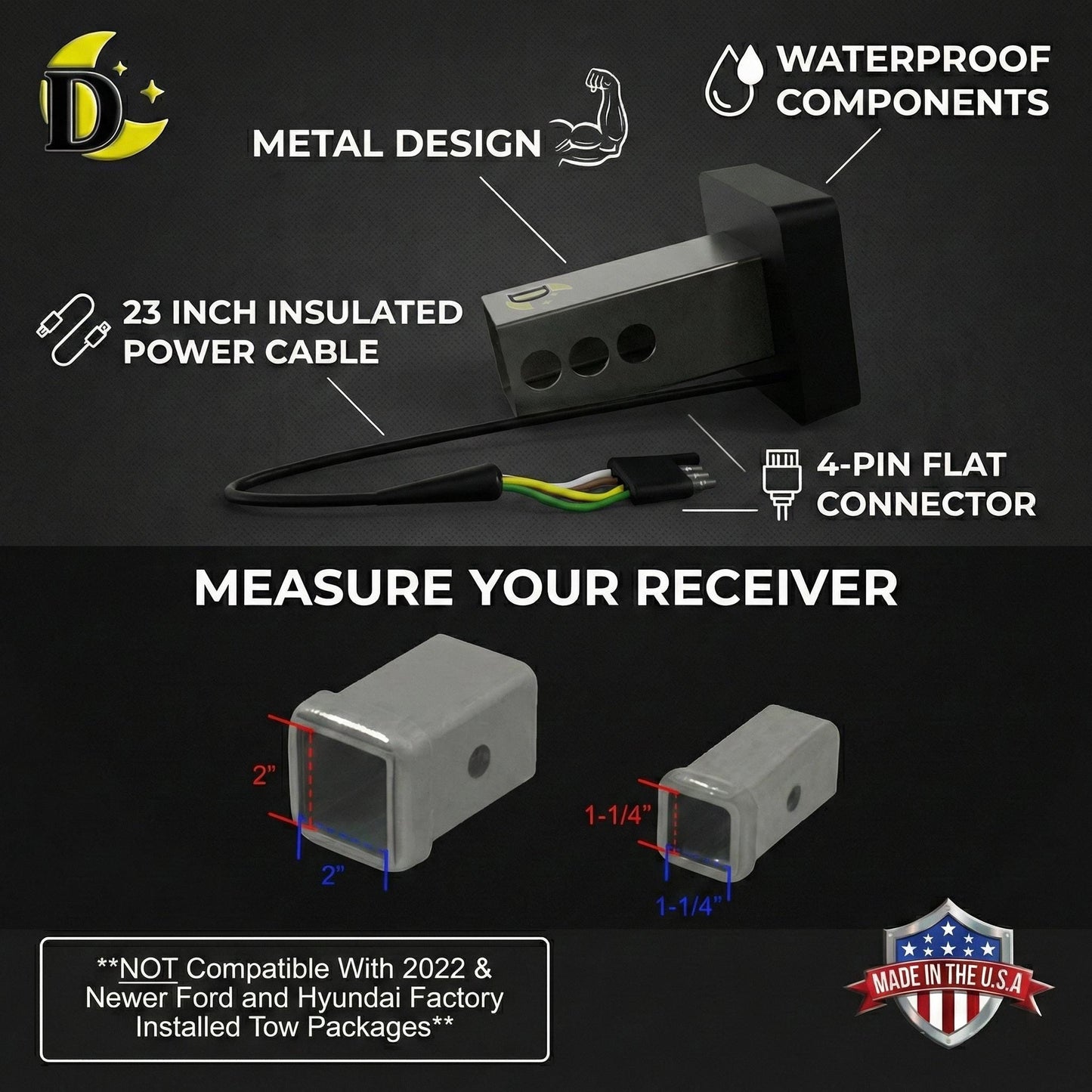The image is a product advertisement for a tow receiver, highlighting its features such as waterproof components, a 23-inch insulated power cable, a 4-pin flat connector, and a measuring tool. The ad emphasizes that the tow receiver is not compatible with the year 2020 and Newer Ford and Hyundai factories, and it is designed for use with tow packages. The ad also includes a shield logo with the text "MODEL OF THE USA" and a note that the image is a collage of multiple images.