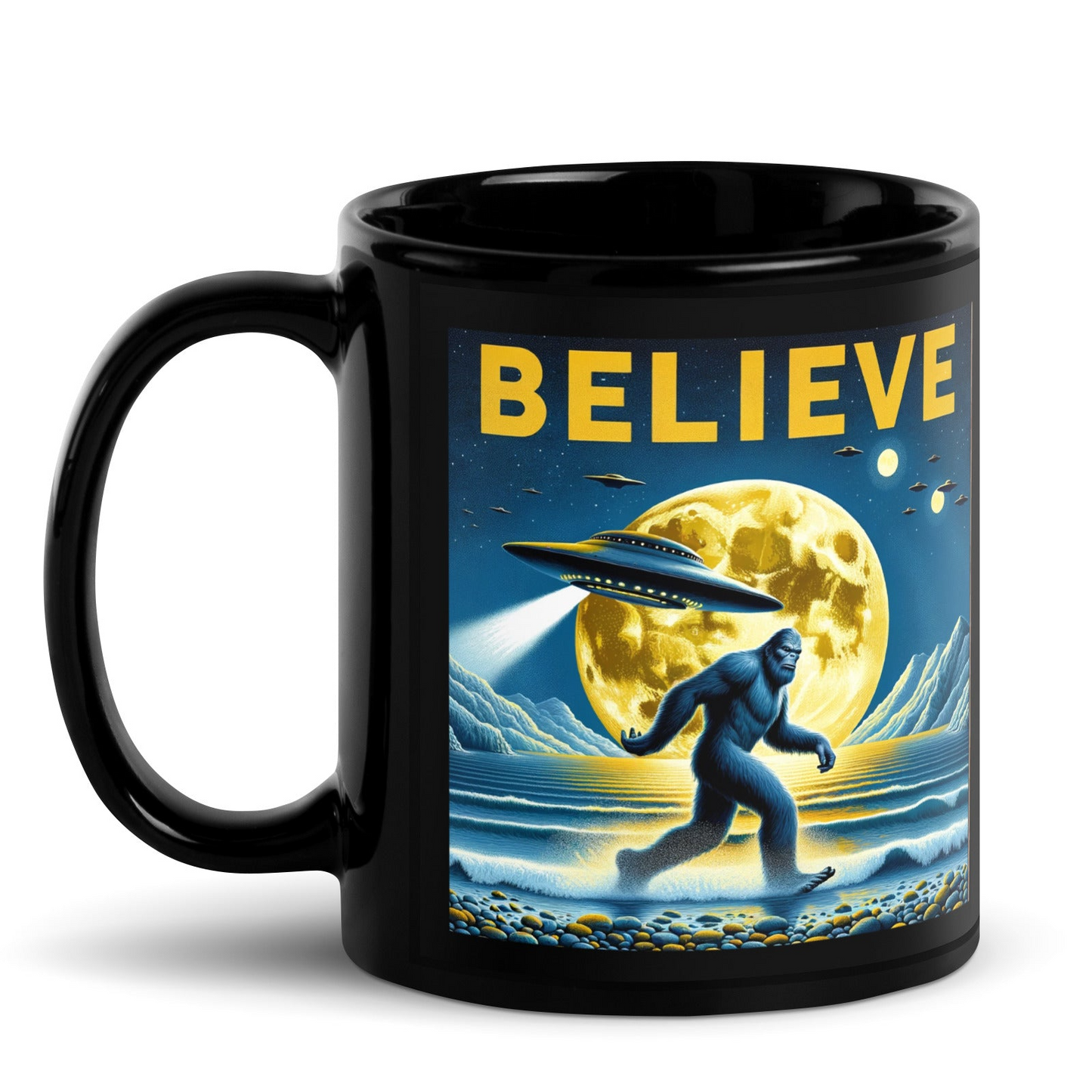 a black coffee mug with a bigfoot on it