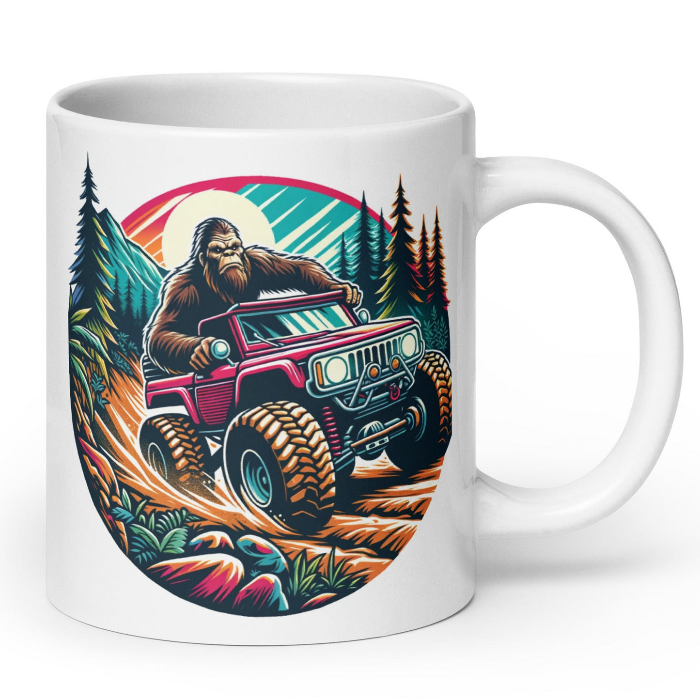 a white coffee mug with a bigfoot on it