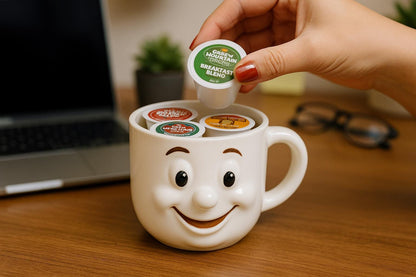 A person's hand is holding a coffee pod over a white mug with a smiling face, which is filled with coffee pods.