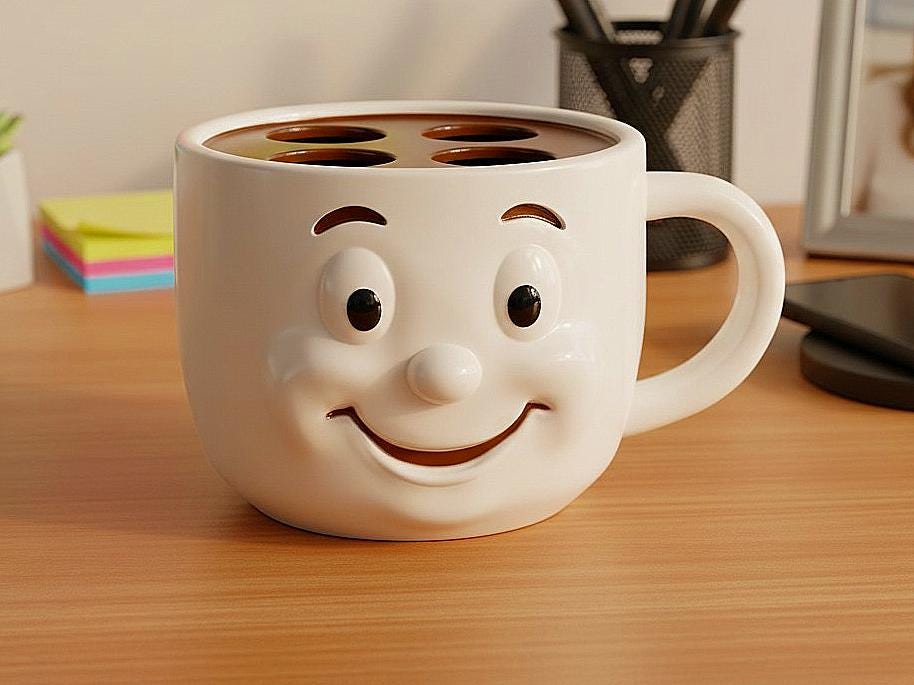 A white coffee mug with a smiling face design sits on a wooden desk, surrounded by office supplies.