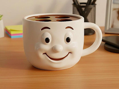 A white coffee mug with a smiling face design sits on a wooden desk, surrounded by office supplies.