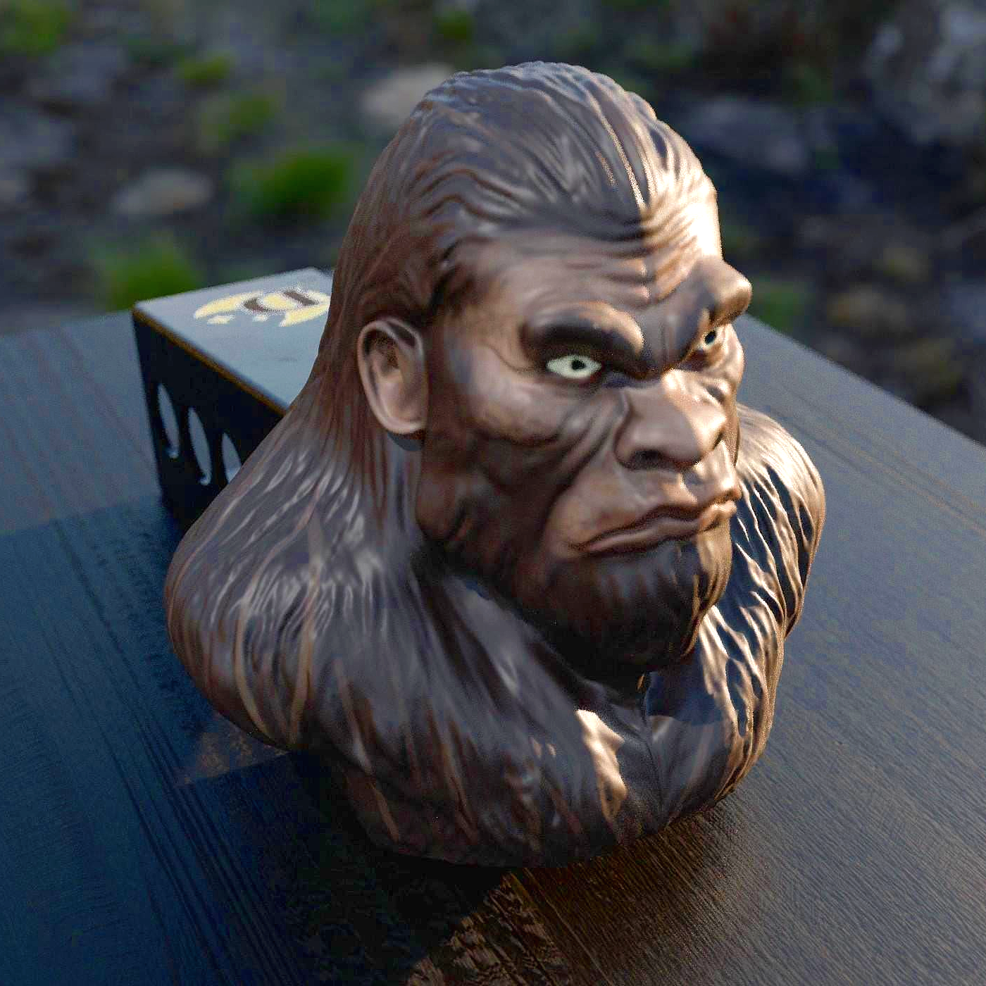 a close up of a monkey head on a table