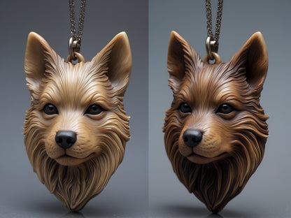 two pictures of a dog's head on a chain