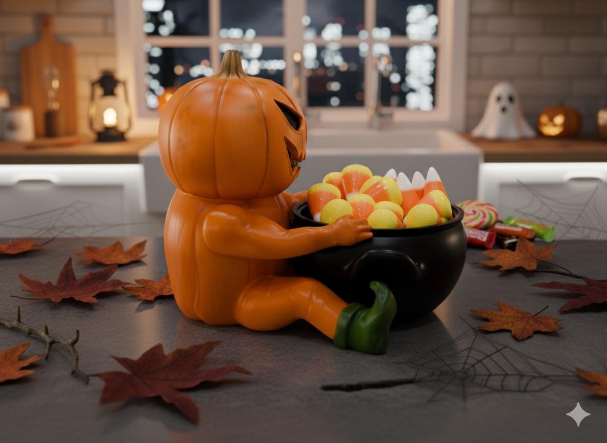 A Halloween-themed scene featuring a carved pumpkin sitting in a black pot filled with candy corn, surrounded by autumn leaves and a spider web.