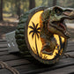 A 3D rendering of a T-Rex head with its mouth open, illuminated by a circular light source, is displayed on a wooden surface.