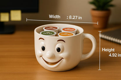 A white coffee mug with a smiling face design, filled with coffee pods labeled with different types of coffee, placed on a wooden surface.