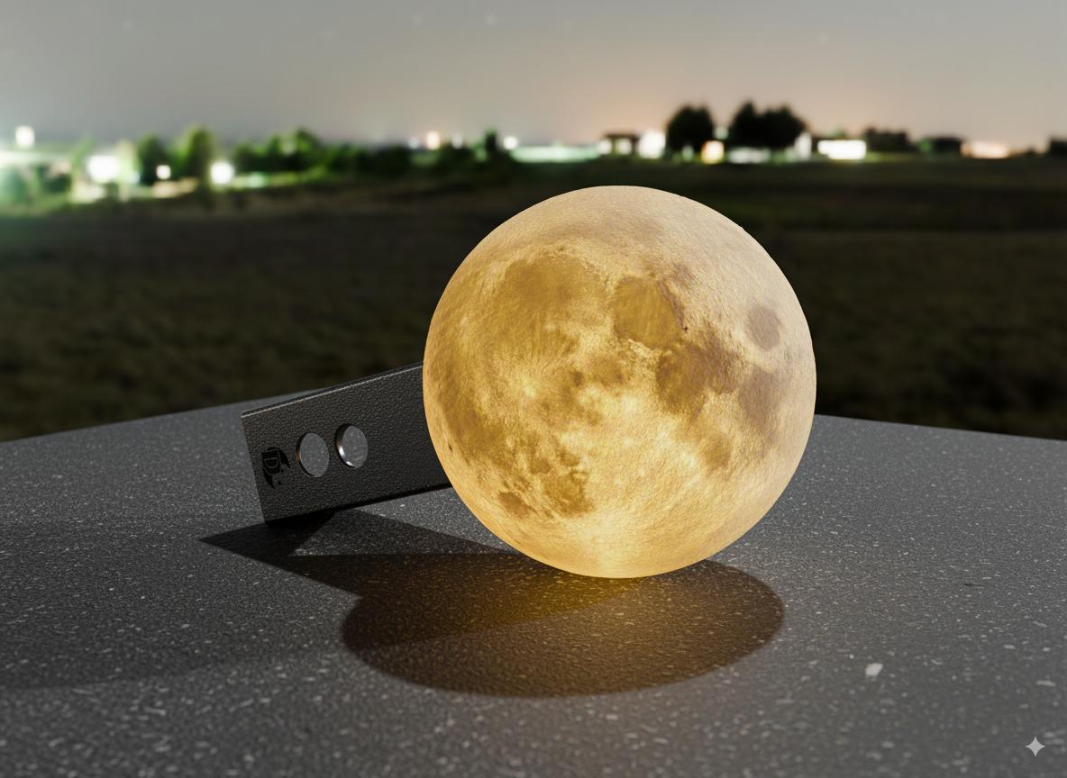 A large, glowing moon-shaped object rests on a dark surface, casting a shadow and illuminating the surrounding area.