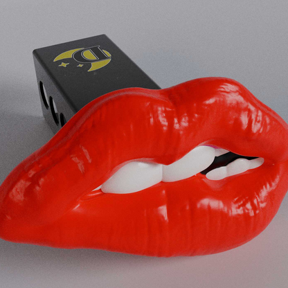 a close up of a red lip with a black box in the background