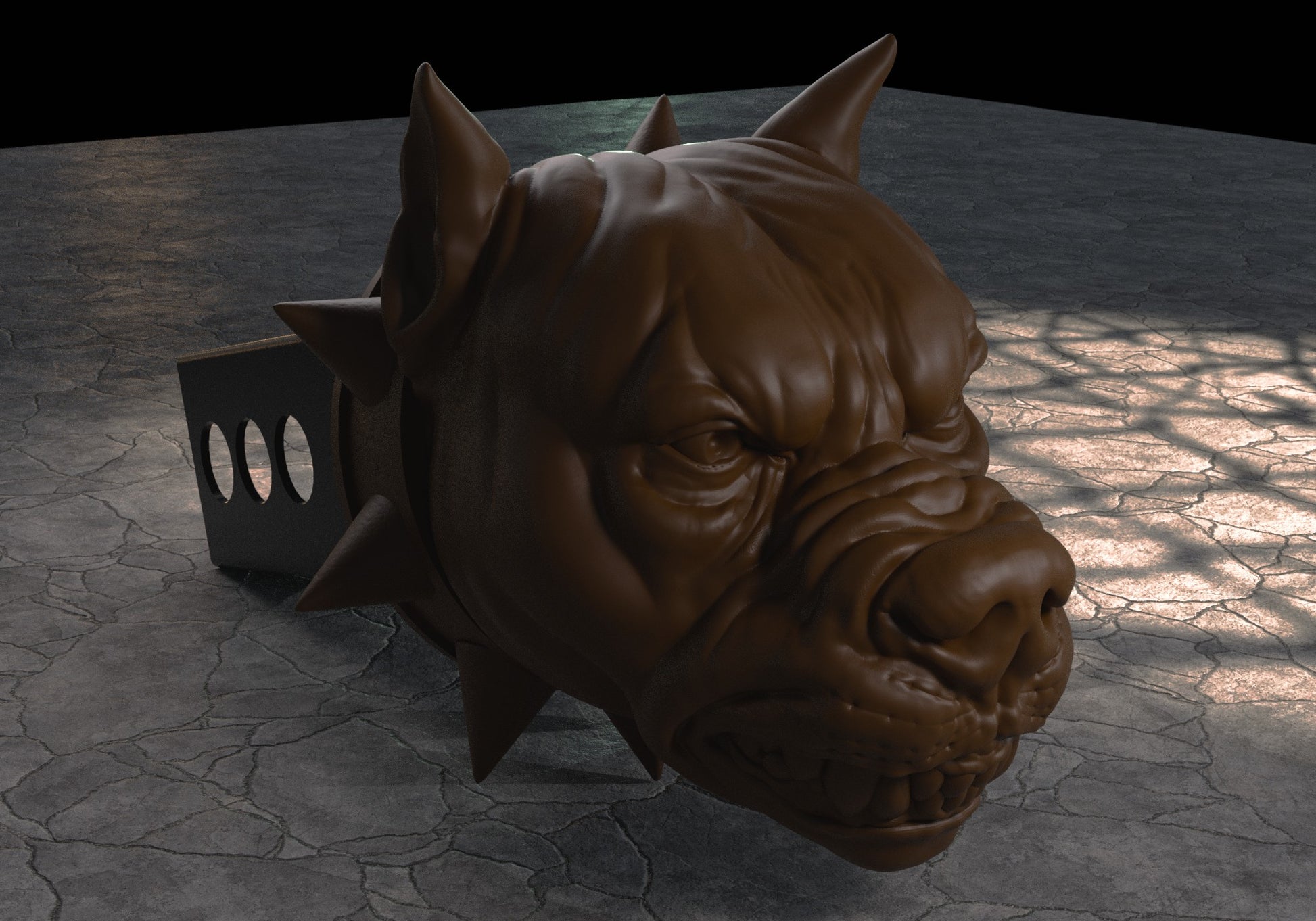 a sculpture of a dog's head on a table
