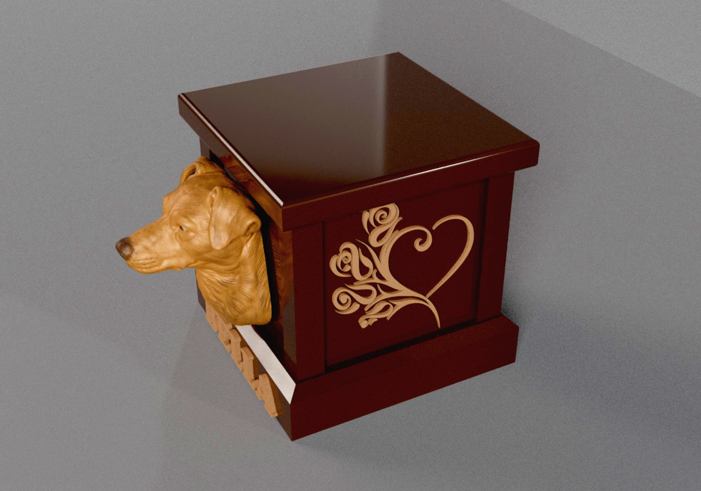 a wooden box with a dog&#39;s head sticking out of it