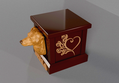 a wooden box with a dog's head sticking out of it